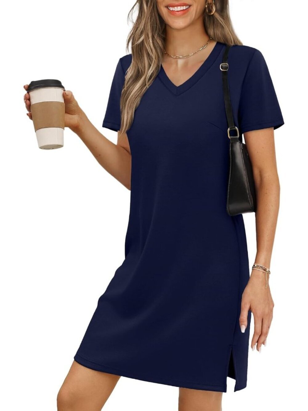 Women's Navy V Neck Casual Summer Sundress Imported Pull On T Shirt